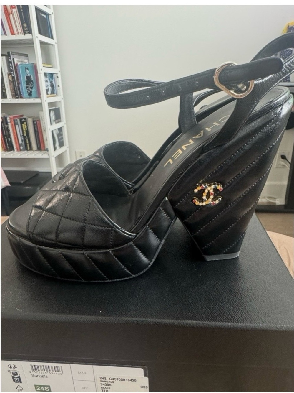 CHANEL Black Quilted Leather Platform Sandals -size 7 - Picture 17 of 17
